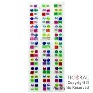 STICKERS STRASS AUTOADHESIVOS MULTICOLOR CIRCULOS Y CUADRADOS X 1 PLANCHA